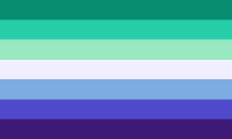 A rectangular flag with seven equal-width horizontal stripes: dark green, greenish cyan, teal, white, cyan, purply blue, purple