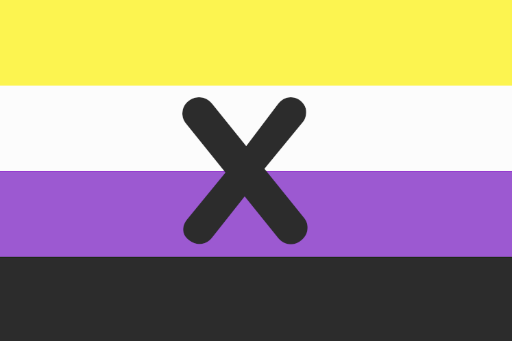 Flaga osób niebinarnych z naniesioną literą „x”.