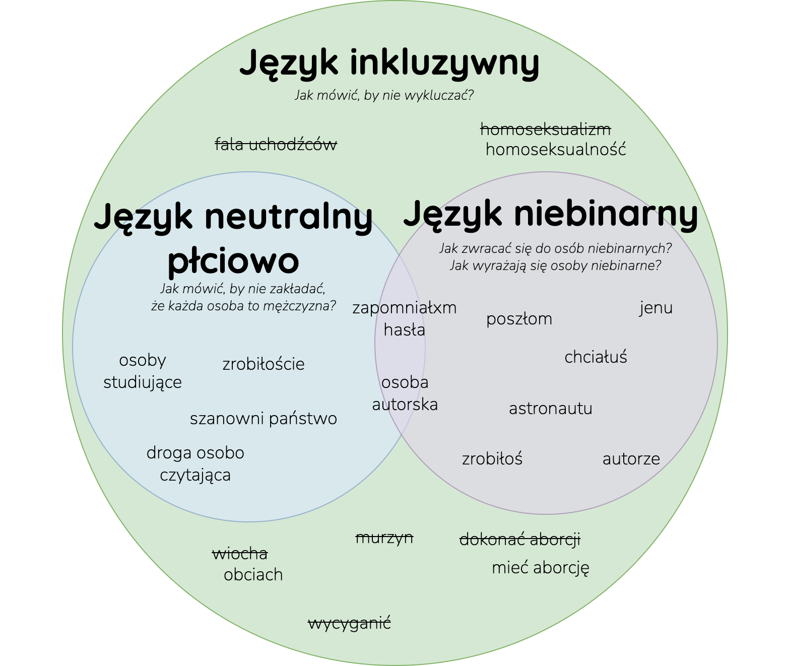 {border-0}Diagram Venna. Dwa zbiory z częścią wspólną. Jeden podpisany „Język neutralny płciowo – Jak mówić, by nie zakładać, że każda osoba to mężczyzna?”, a w nim np. „szanowni państwo”, „osoby studiujące”. Drugi podpisany „Język niebinarny – Jak zwracać się do osób niebinarnych? Jak wyrażają się osoby niebinarne?” z przykładami: „poszłom”, „zrobiłuś”, „autorze”. W części wspólnej przykłady „zapomniałxm hasła”, „osoba autorska”. Całość należy do największego zbioru podpisanego „Język inkluzywny – Jak mówić, by nie wykluczać?”, a w nim (ale poza dotychczasowymi zbiorami) znajduje się: przekreślone „fala uchodźców”, przekreślone „wiocha” kontra „obciach”, przekreślone „homoseksualizm” kontra „homoseksualność”.