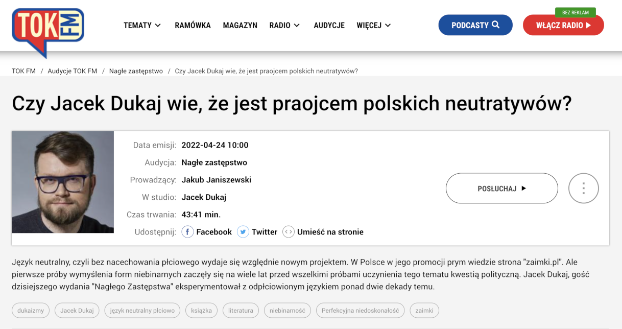 Screenshot strony z omawianą audycją