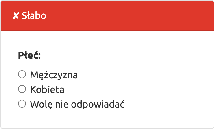 Płeć: Mężczyzna, Kobieta, Wolę nie odpowiadać